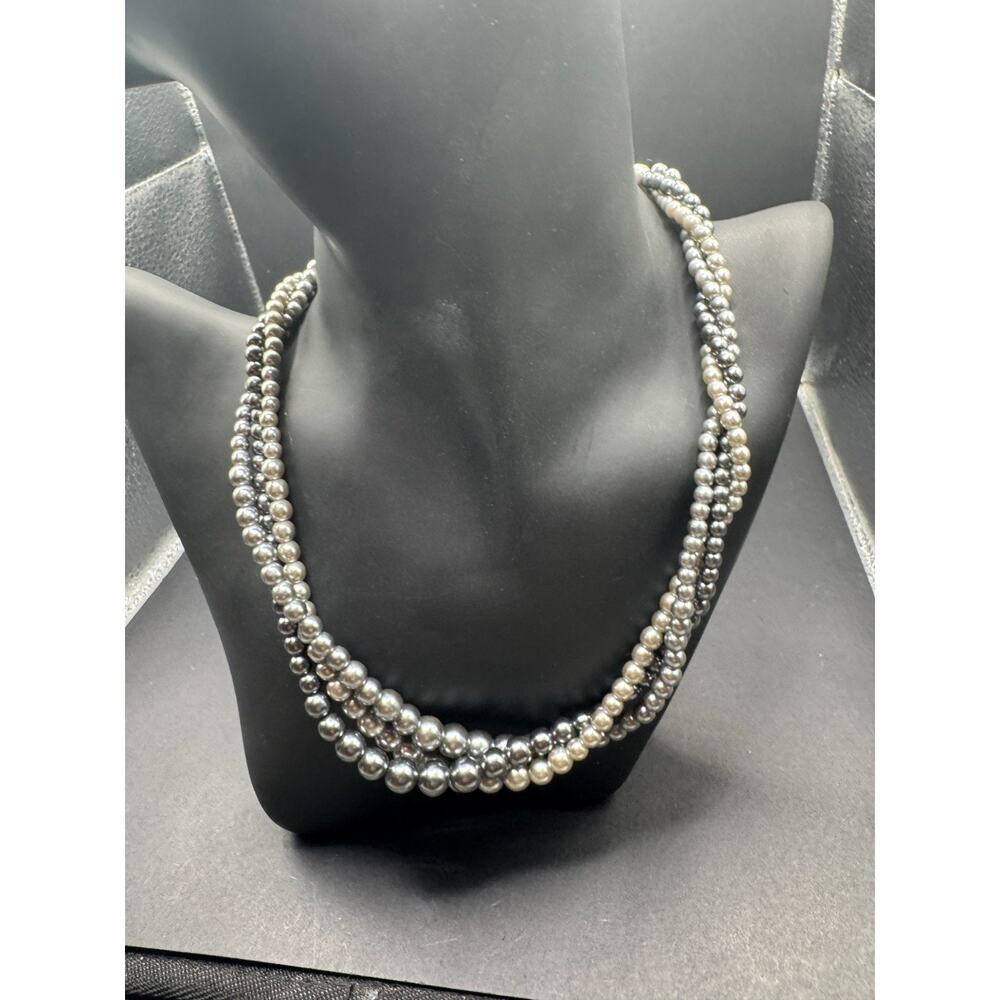 Vintage Napier Silver Tone White Metallic Faux Pearl Triple Row Twisted Necklace